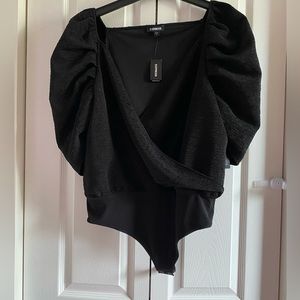 Express Crepe Bodysuit with Puff Sleeves